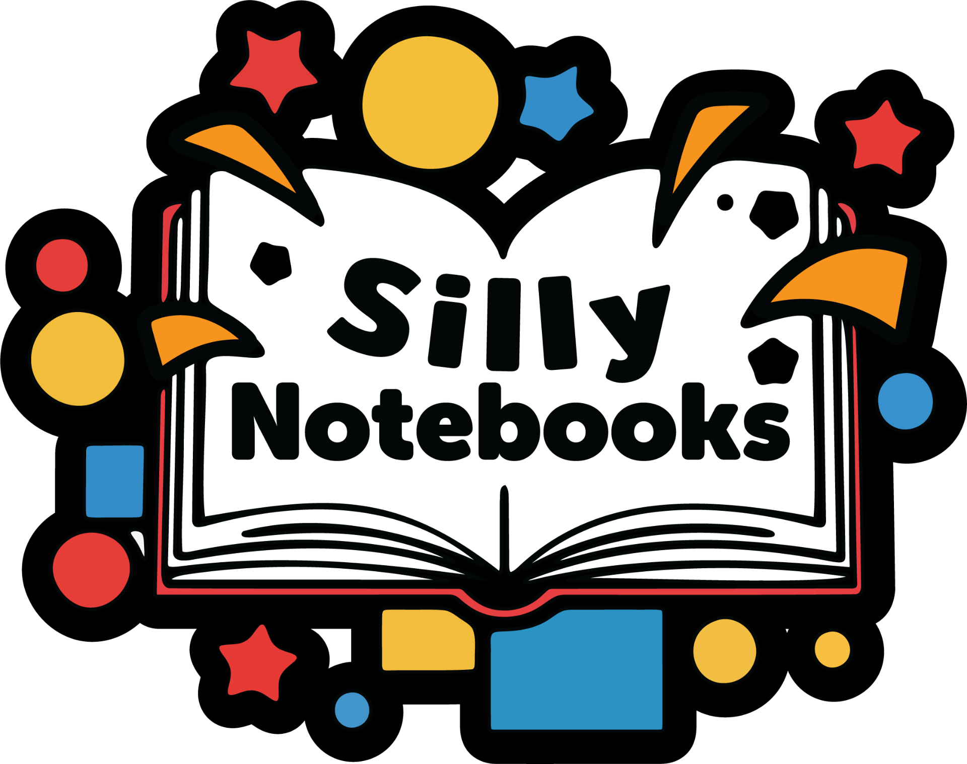 Silly Notebooks — open book with stars and colourful shapes